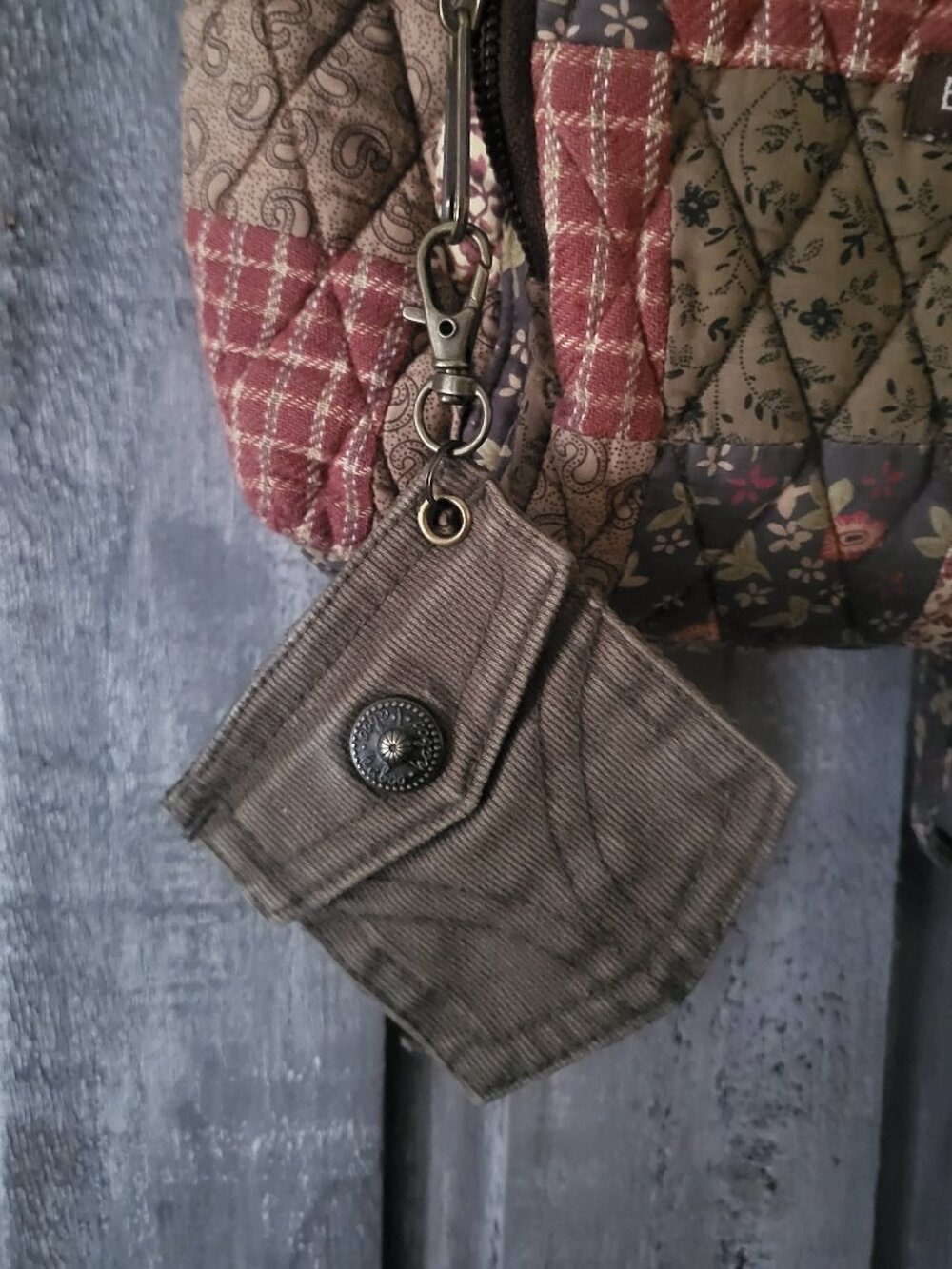 OOAK Handmade Patchwork Corduroy Pocket Pouch Open Snap Button Close Up